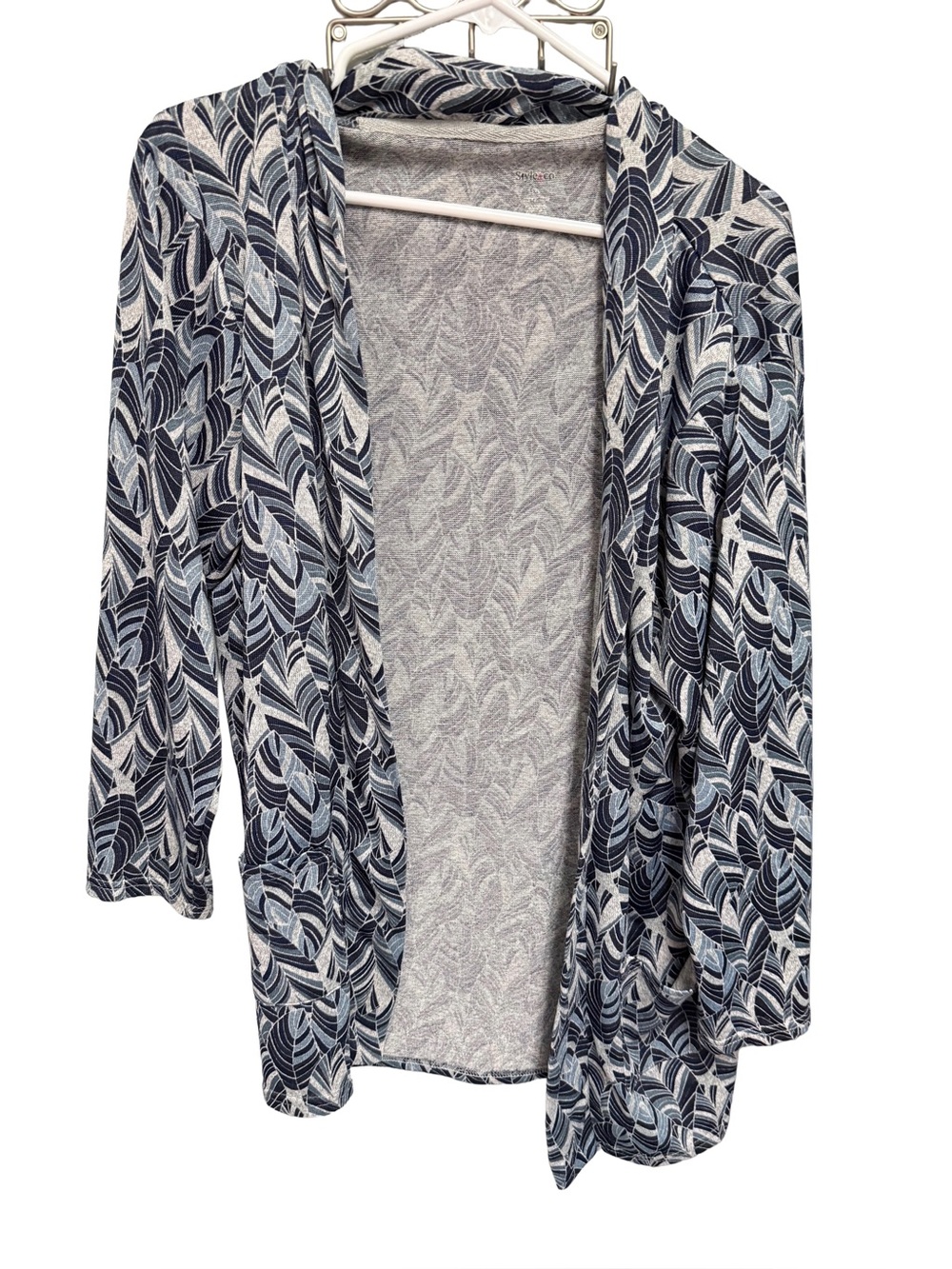 Style & Co Women's XL Blue and Gray Open Front Leaf Print Cardigan with Pockets